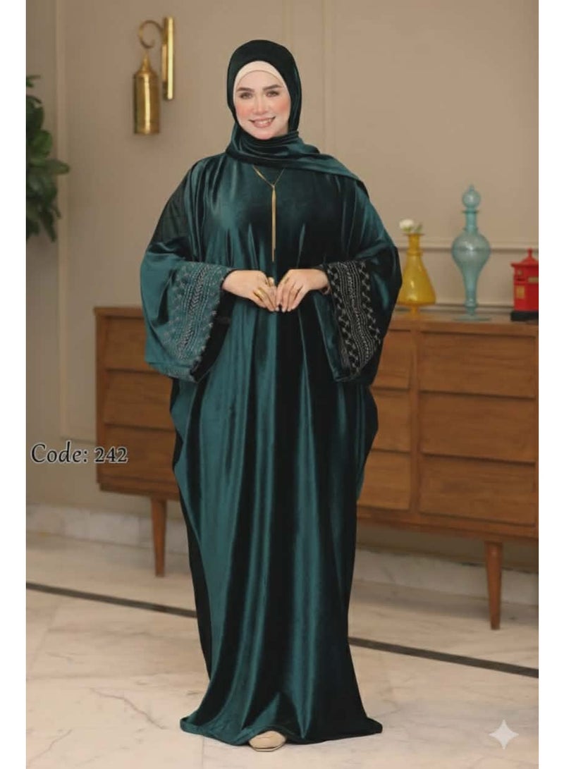 Women's prayer abaya – wide Gulf-style sleeves with elegant embroidery – olive green - Image 1